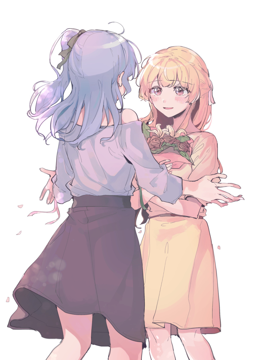 2girls, bang_dream!, bangs, blonde_hair, blush, eyebrows_visible_through_hair, flower, hair_ornament