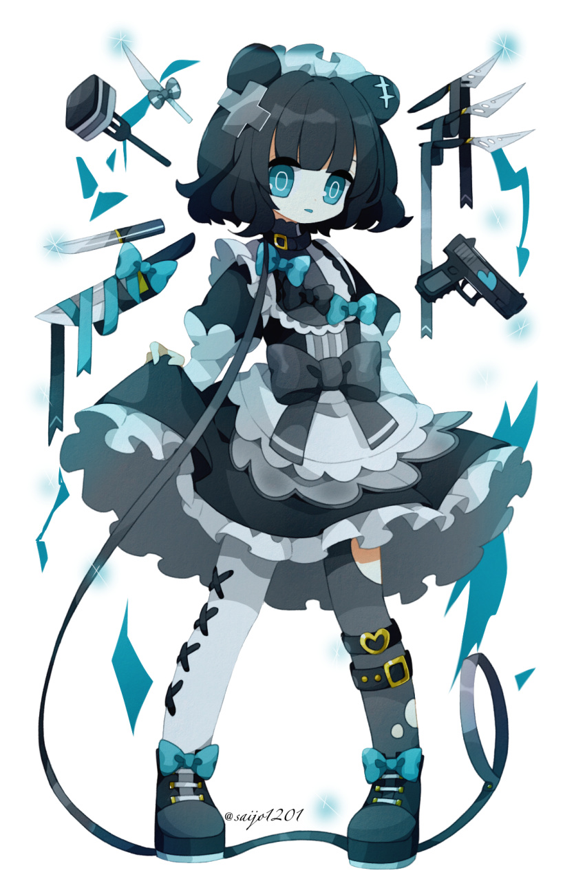 1girl, animal_ears, asymmetrical_legwear, black_hair, blue_eyes, breasts, choker, dress