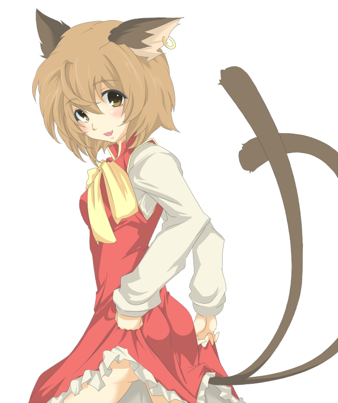 ass, blush, brown_eyes, brown_hair, cat_ears, cat_tail, chen, earrings, fang, hayagiri, jewelry, multiple_tails, short_hair, skirt, skirt_lift, tail, tails, touhou
