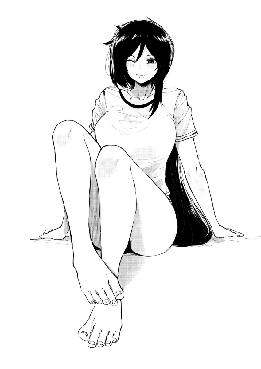 1girl, ;), barefoot, blush, breasts, chaos;child, commission, feet, highres, kunosato_mio, large_breasts, legs, long_hair, looking_at_viewer, low_ponytail, monochrome, norman_maggot, one_eye_closed, pov_feet, shirt, sitting, smile, solo, sweat, t-shirt, toes, very_long_hair