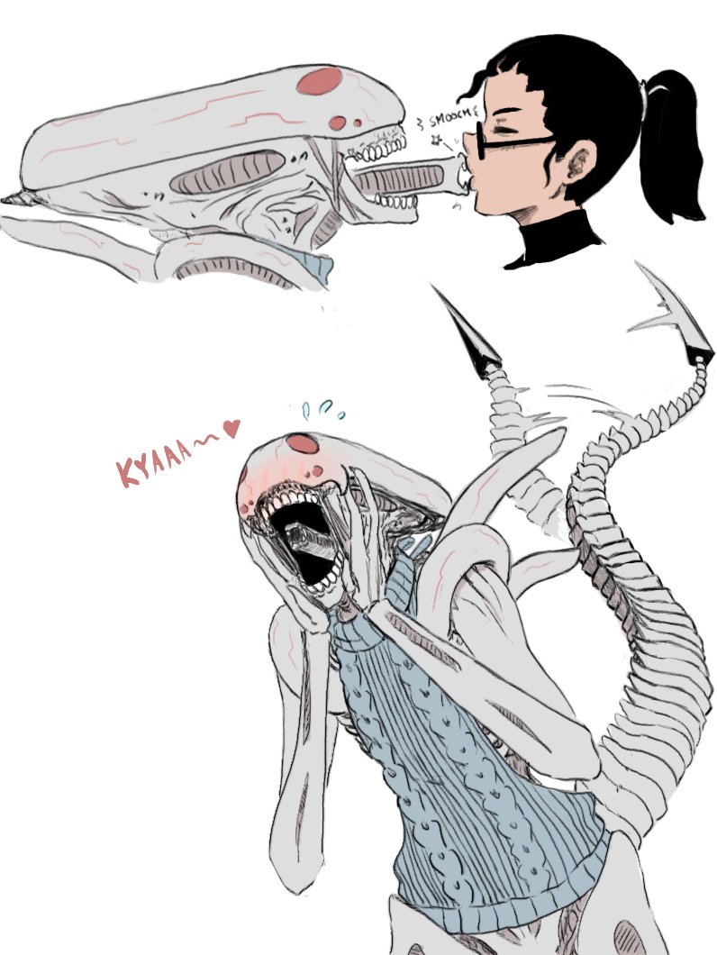 2girls, ad-6-0001a, airtighttrash, alien_(movie), aran_sweater, backless_outfit, black_hair, blush