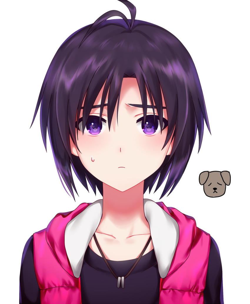 1girl, antenna_hair, bangs, black_shirt, cardigan, closed_mouth, collarbone, frown