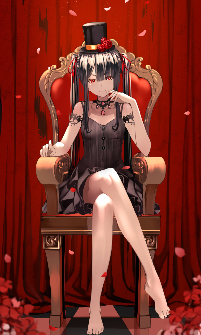 1girl, absurdres, barefoot, barfleur_(warship_girls_r), black_dress, black_hair, black_headwear, blurry