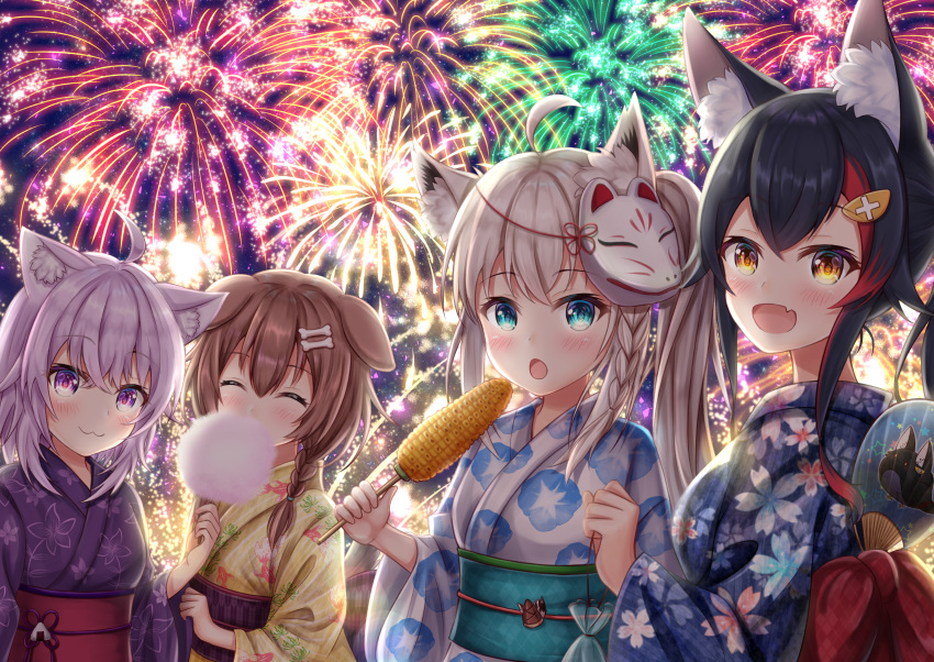 4girls, :3, absurdres, animal_ear_fluff, animal_ears, bag, bamboo_shoot, black_hair