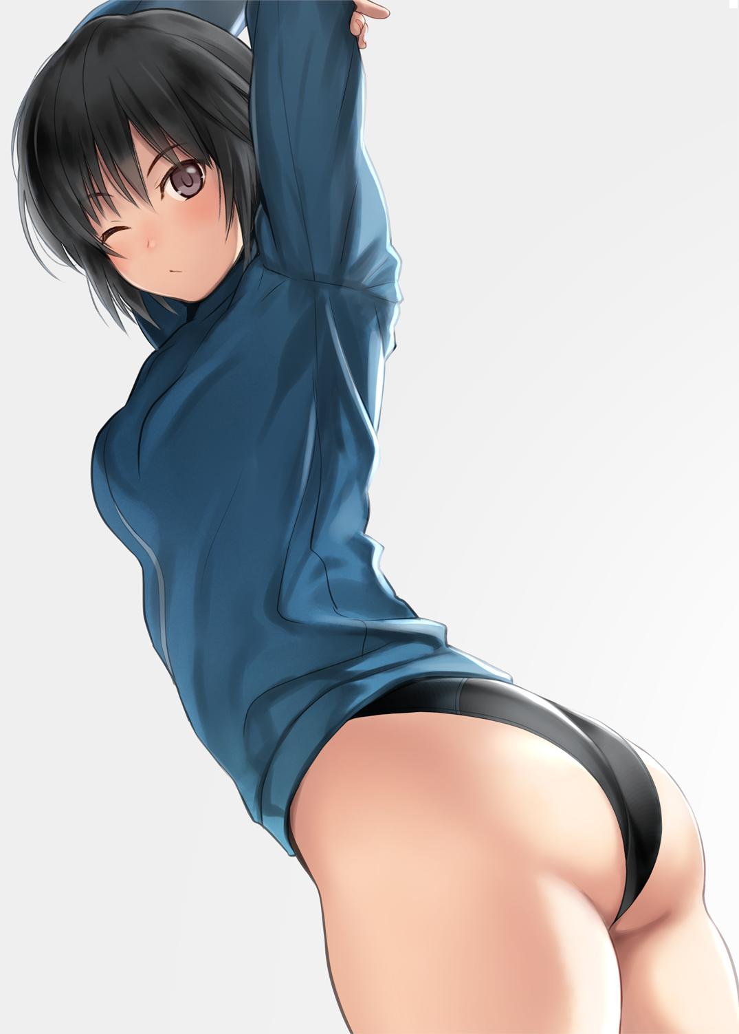 1girl, amagami, arms_up, ass, black_eyes, black_hair, black_swimsuit, blue_jacket