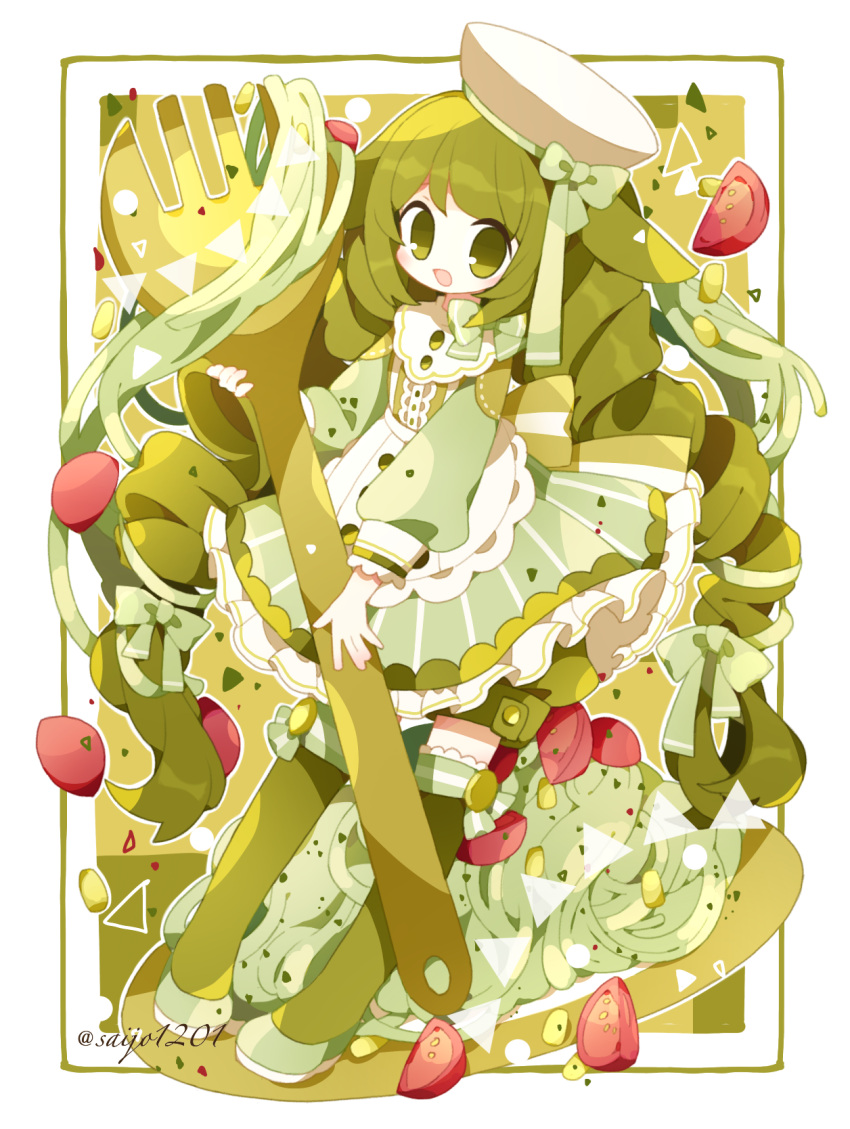 1girl, buttons, dress, drill_hair, food, fork, frilled_dress, frills
