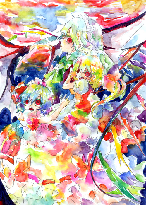 blonde_hair, blue_hair, flandre_scarlet, izayoi_sakuya, maid, remilia_scarlet, ribbon, short_hair