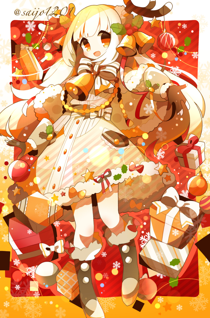 1girl, antlers, bell, blonde_hair, boots, box, capelet, christmas_ornaments