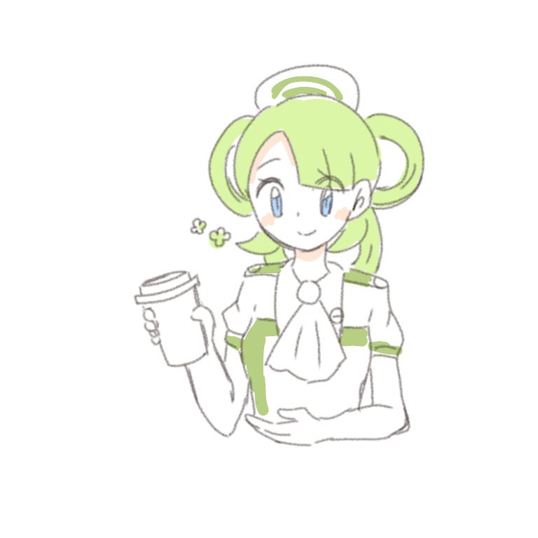 1girl, blue_eyes, closed_mouth, cropped_torso, disposable_cup, dress, employee_uniform, green_hair