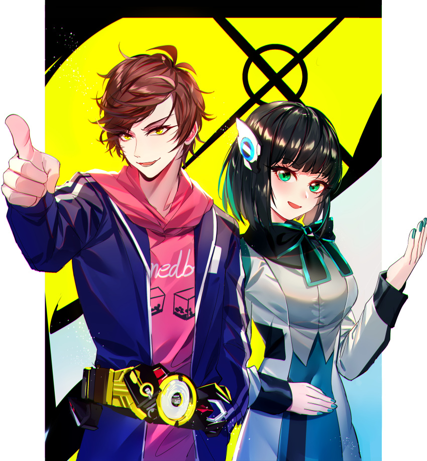 1boy, 1girl, :d, absurdres, bangs, baocaizi, belt, black_bow, black_hair, blue_jacket, blue_nails, blue_sky, bow, breasts, brown_hair, commentary, eyebrows_visible_through_hair, fingernails, green_eyes, green_hair, grey_jacket, grey_shirt, hair_ornament, hand_on_own_stomach, hand_up, hiden_aruto, highres, hood, hood_down, hoodie, humagear_headphones, is_(kamen_rider_01), jacket, kamen_rider, kamen_rider_01_(series), long_sleeves, looking_at_viewer, medium_breasts, multicolored_hair, nail_polish, open_clothes, open_jacket, open_mouth, pink_hoodie, pointing, shirt, sky, smile, swept_bangs, two-tone_hair, yellow_eyes