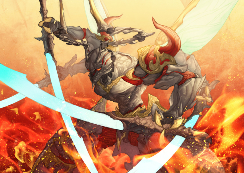 armor, blade, dual_wielding, extra_arms, final_fantasy, final_fantasy_xiv, fire, grey_horns, holding, horns, insect_wings, mt_(ringofive), no_humans, ravana_(final_fantasy), red_eyes, solo, standing, wings