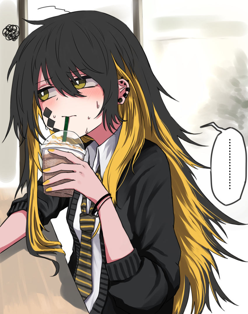 ..., 1girl, absurdres, ahoge, black_hair, black_jacket, blonde_hair, blush