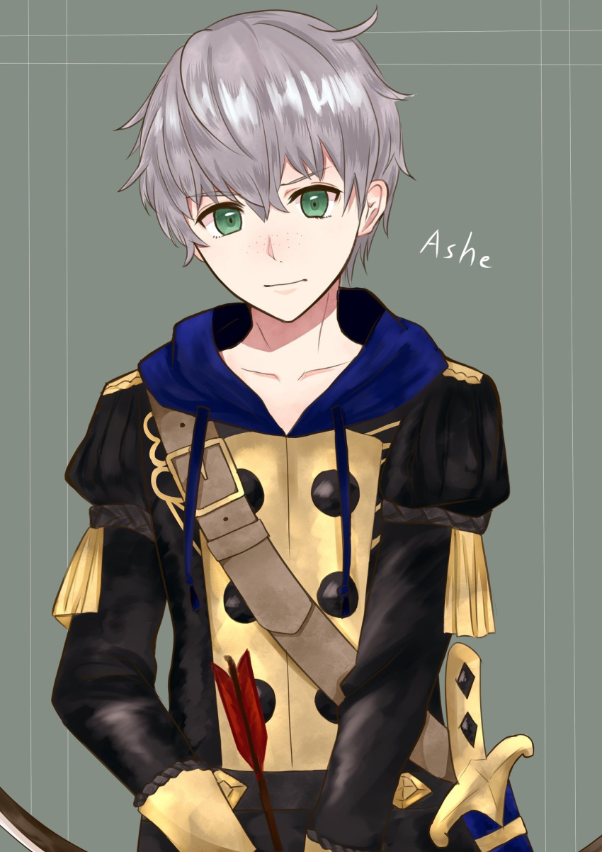 1boy, arrow, ashe_duran, belt, bow_(weapon), character_name, epaulettes, fire_emblem