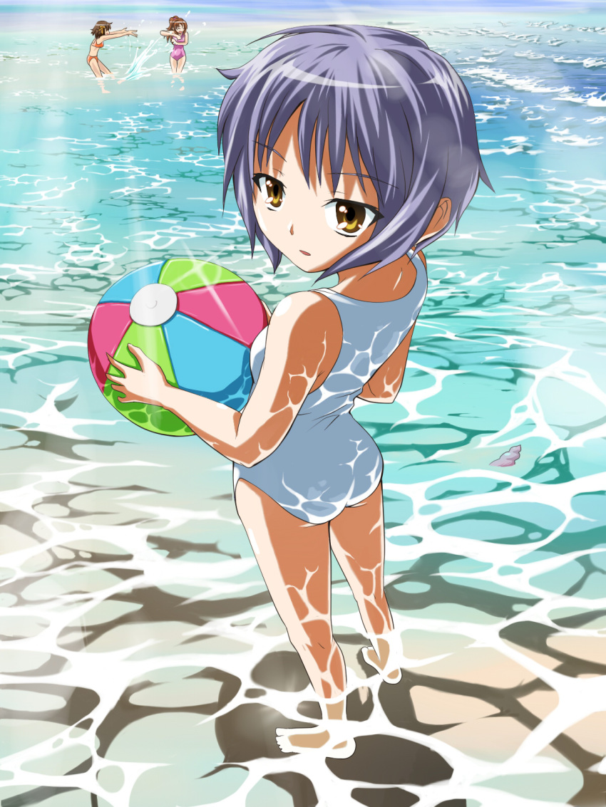asahina_mikuru, ball, barefoot, beachball, bikini, caustics, highres, multiple_girls