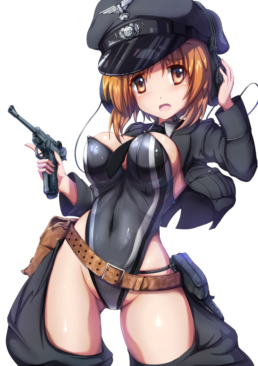 1girl, alternate_costume, ass_visible_through_thighs, bangs, belt, between_breasts, black_headwear, black_leotard