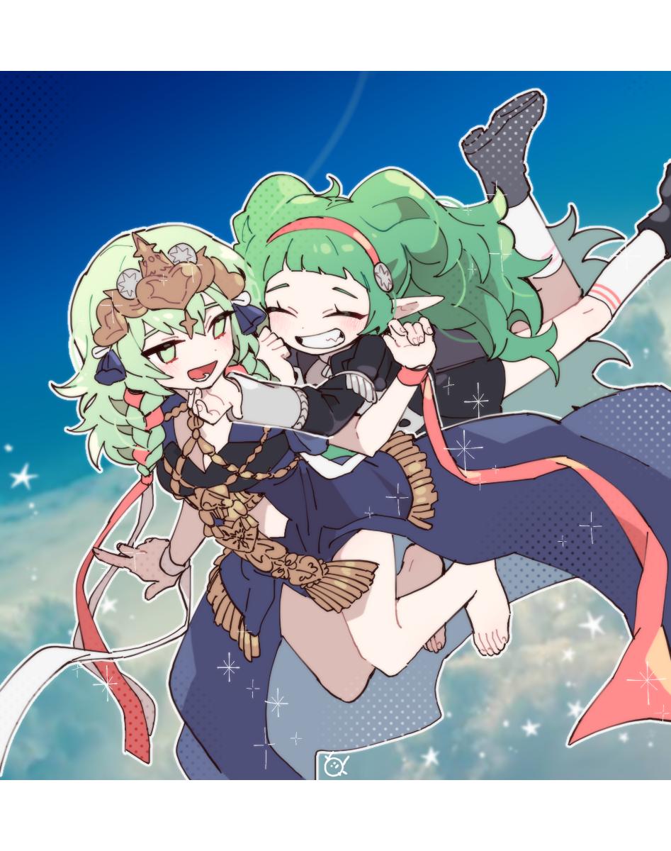 2girls, barefoot, byleth_(fire_emblem), byleth_eisner_(female), byleth_eisner_(female)_(cosplay), closed_eyes, cosplay, costume_switch