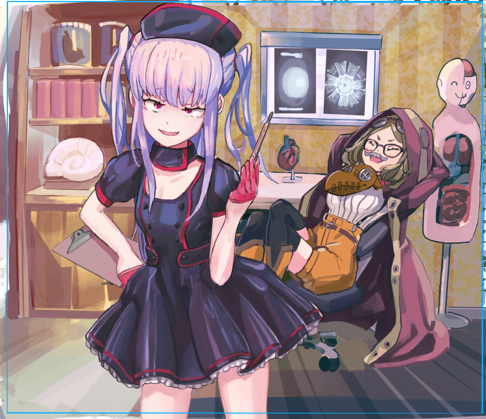 2girls, bangs, black-framed_eyewear, black_dress, black_legwear, blunt_bangs, book, bookshelf