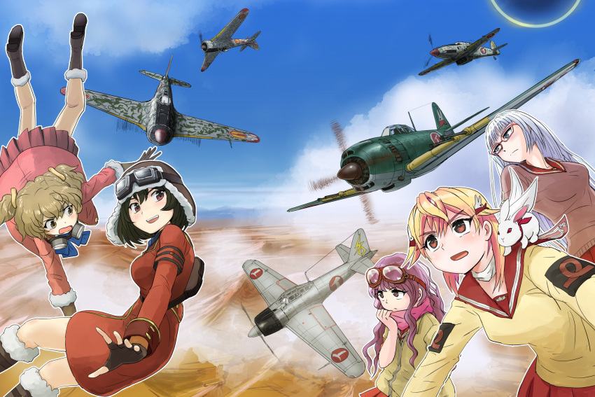 5girls, adjusting_scarf, aircraft, airplane, amakasu_miyabi, armband, backpack, bag, black_footwear, black_gloves, black_hair, blue_eyes, blue_sky, boots, brown_eyes, brown_gloves, brown_hair, bunny_hair_ornament, chika_(kouya_no_kotobuki_hikoutai), closed_mouth, clouds, cloudy_sky, coat, commentary_request, crossover, day, emblem, falling, fingerless_gloves, flying, frown, fur-trimmed_boots, fur-trimmed_gloves, fur_trim, glasses, gloves, goggles, goggles_around_neck, goggles_on_head, goggles_on_headwear, hagoromo_maki, hair_ornament, highres, jacket, kirie_(kouya_no_kotobuki_hikoutai), knee_boots, kogarashi_kei, kouya_no_kotobuki_hikoutai, leaning_forward, long_sleeves, looking_at_another, looking_at_viewer, military, military_vehicle, miniskirt, motion_blur, multiple_girls, outdoors, parted_lips, partial_commentary, pink_jacket, pink_scarf, pleated_skirt, purple_hair, purple_skirt, rabbit, red-framed_eyewear, red_coat, roundel, scamp_(scamp_f16), scarf, school_uniform, serafuku, shidenkai_no_maki, short_hair, short_twintails, silver_hair, skirt, sky, smile, sweater, twintails, vehicle_request, yellow_sweater