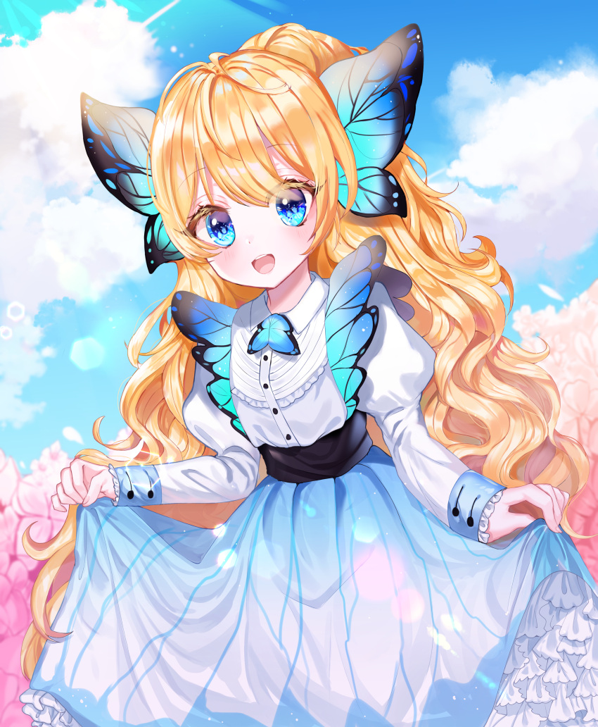1girl, absurdres, bangs, blonde_hair, blue_dress, blue_eyes, butterfly_hair_ornament, clouds