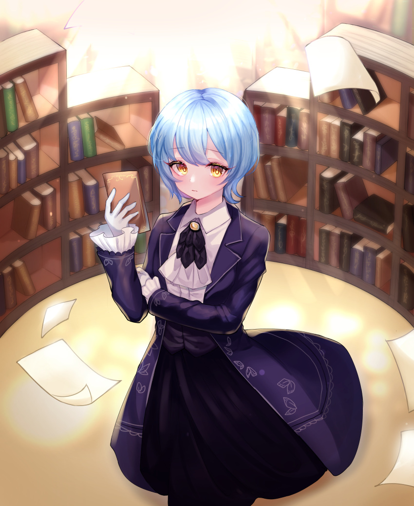 1girl, absurdres, black_jacket, black_neckwear, blue_hair, book, commentary, eyebrows_visible_through_hair