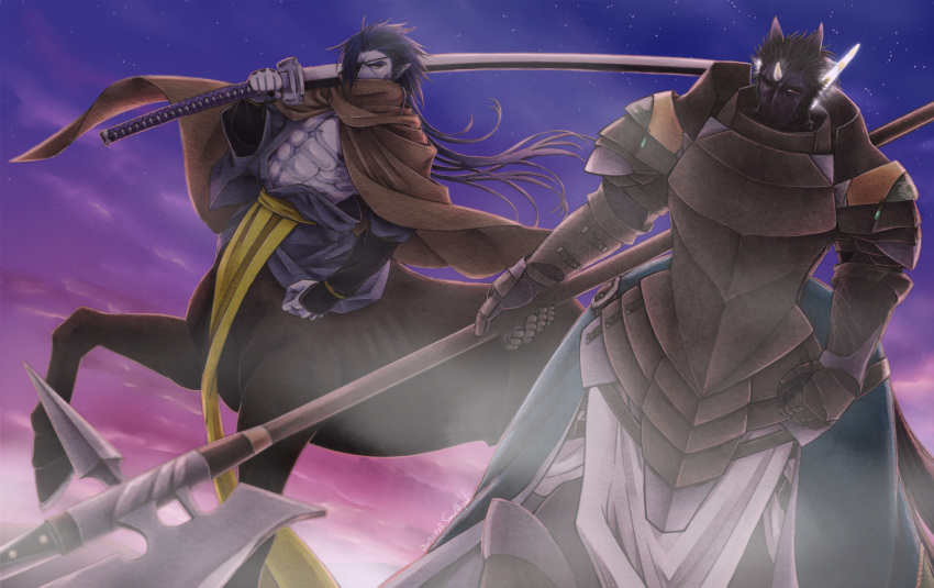2boys, abs, armor, artist_name, axe, black_hair, black_skirt, brown_eyes, cape, centaur, clenched_hand, darshan_aga_zalqava, dated, eyepatch, gauntlets, grey_skin, hair_over_one_eye, holding, holding_axe, horn, long_hair, looking_at_viewer, male_focus, multiple_boys, muscle, night, night_sky, one_eye_closed, outdoors, over_shoulder, pixiv_fantasia, pixiv_fantasia_last_saga, polearm, renosoma, skirt, sky, standing, sword, weapon, zokudan_(pixiv_fantasia_last_saga)