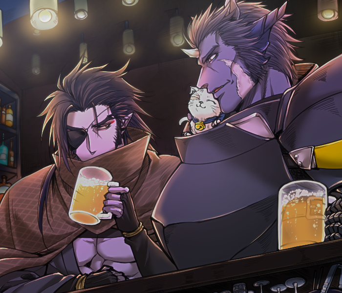2boys, alcohol, animal, animal_on_shoulder, armor, beer, bell, black_hair