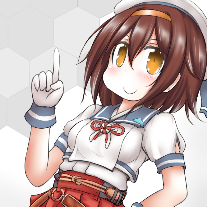 1girl, badge, blue_sailor_collar, brown_hair, commentary_request, cosplay, dolphin, gloves