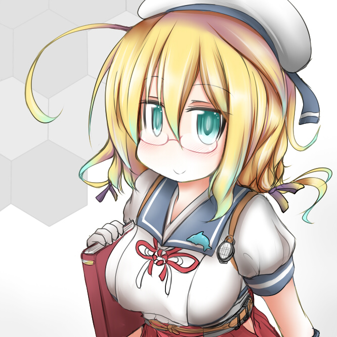 1girl, badge, blonde_hair, blue_sailor_collar, book, commentary_request, cosplay, dolphin