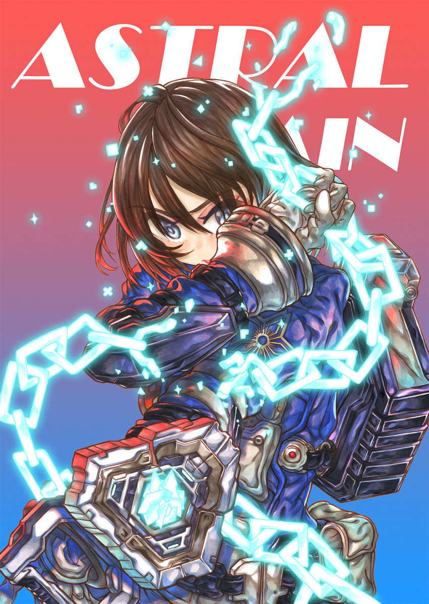 1girl, akira_howard, astral_chain, brown_eyes, brown_hair, chain, gloves, h9454cl6reg