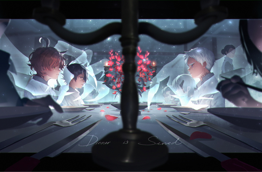 2boys, 2girls, ahoge, bangs, black_hair, blue_eyes, blurry, candlestand