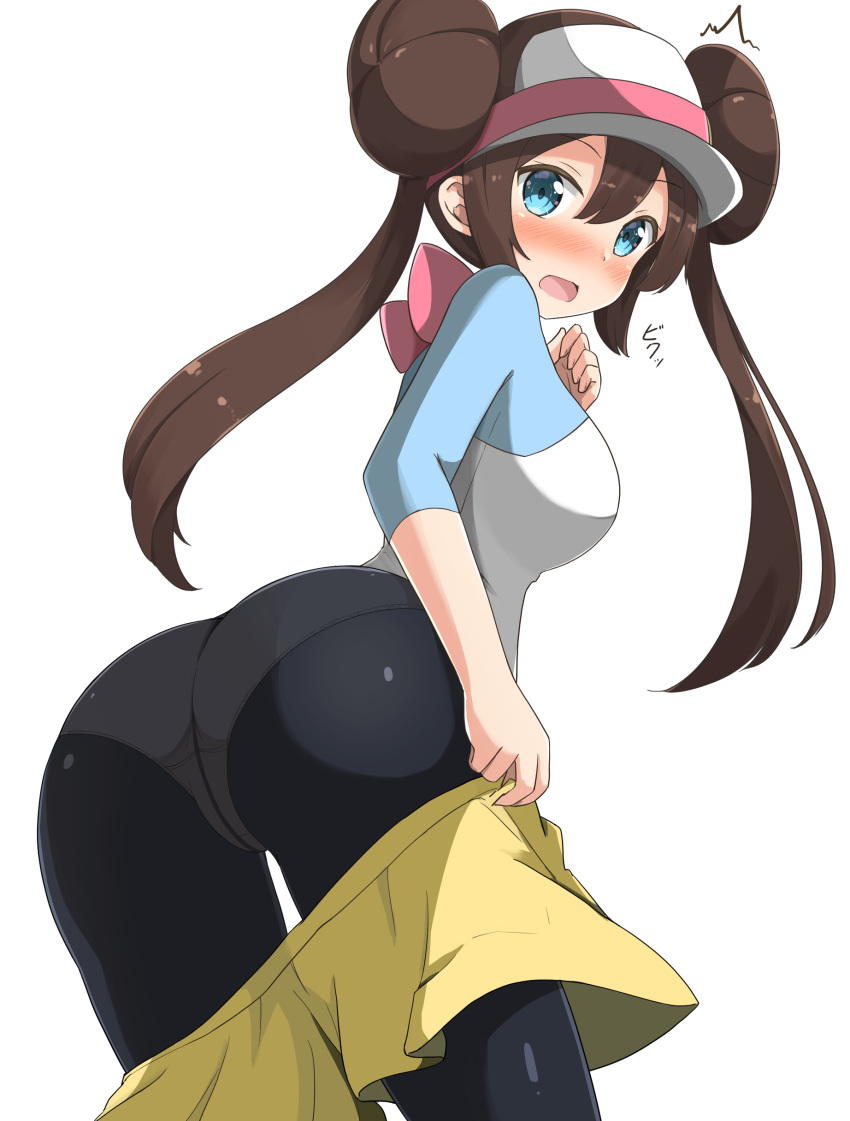 1girl, absurdres, aikawa_ryou, black_legwear, blue_eyes, blush, brown_hair, double_bun, hair_bun, highres, looking_at_viewer, looking_back, mei_(pokemon), panties, pantyhose, pokemon, pokemon_(game), see-through, short_shorts, shorts, shorts_pull, solo, underwear