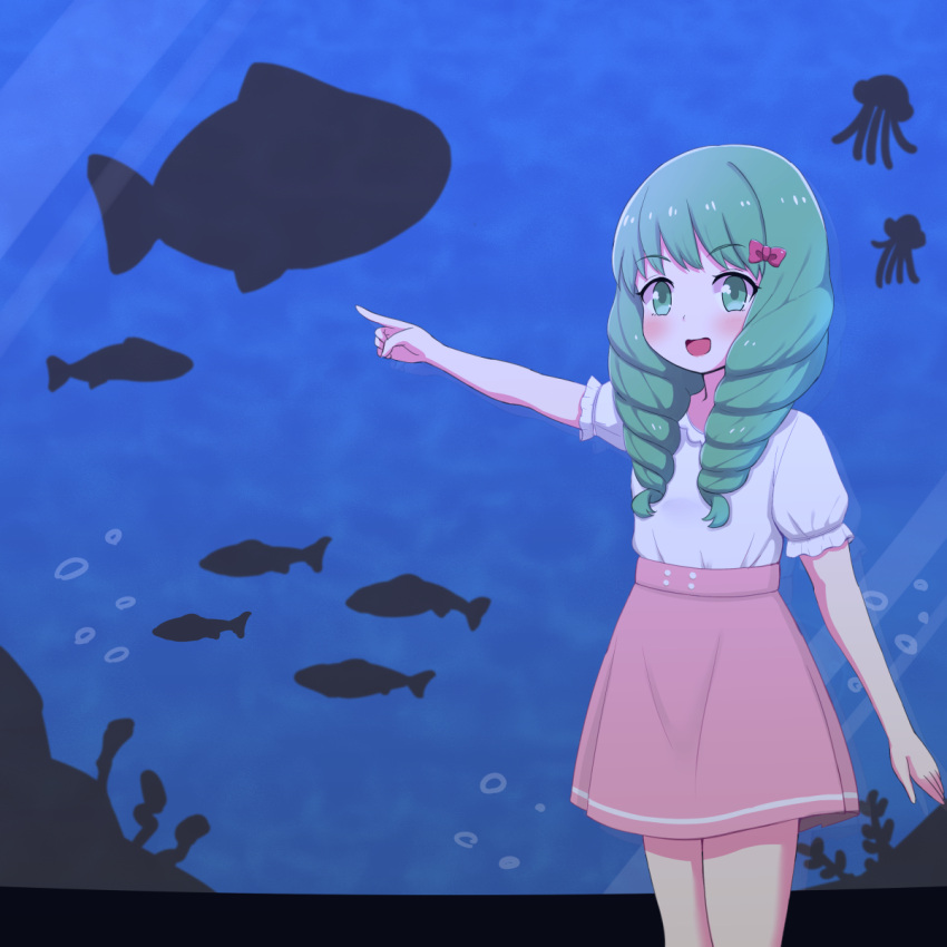 1girl, alternate_costume, blush, bow, drill_hair, fire_emblem, fire_emblem:_three_houses, fish, flayn_(fire_emblem), green_eyes, green_hair, highres, jellyfish, long_hair, open_mouth, solo, tanukikouji_midori, water