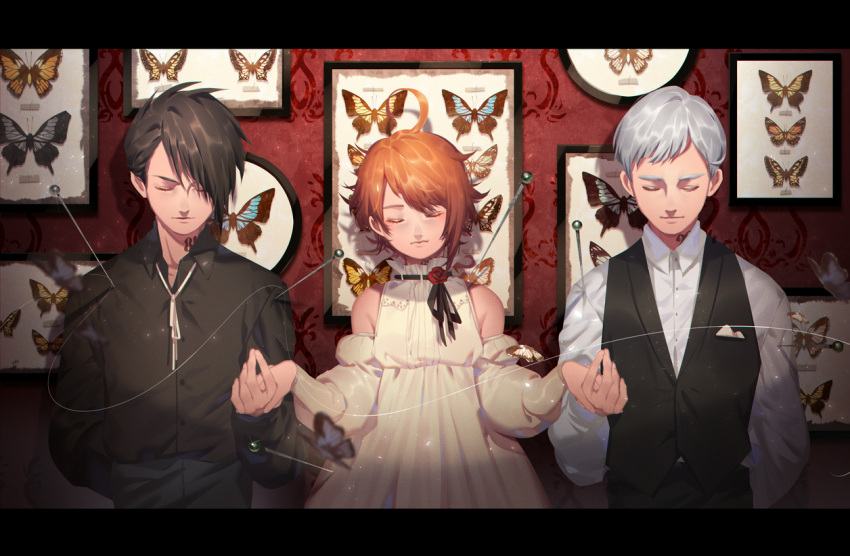 1girl, 2boys, arm_behind_head, bangs, bare_shoulders, black_hair, black_shirt, black_vest