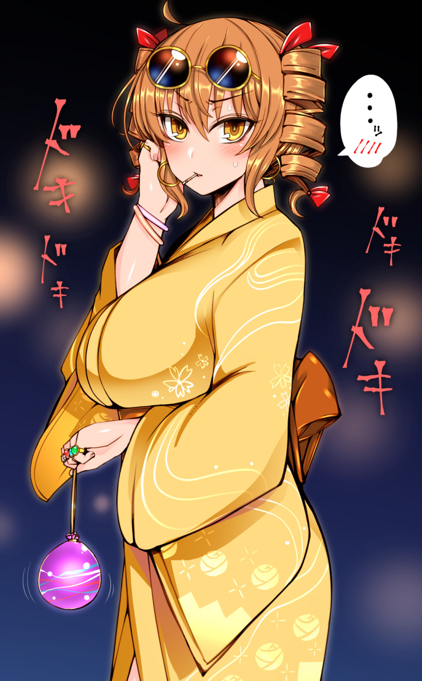 ..., 1girl, ahoge, alternate_costume, bangs, black_background, blue_background, blush