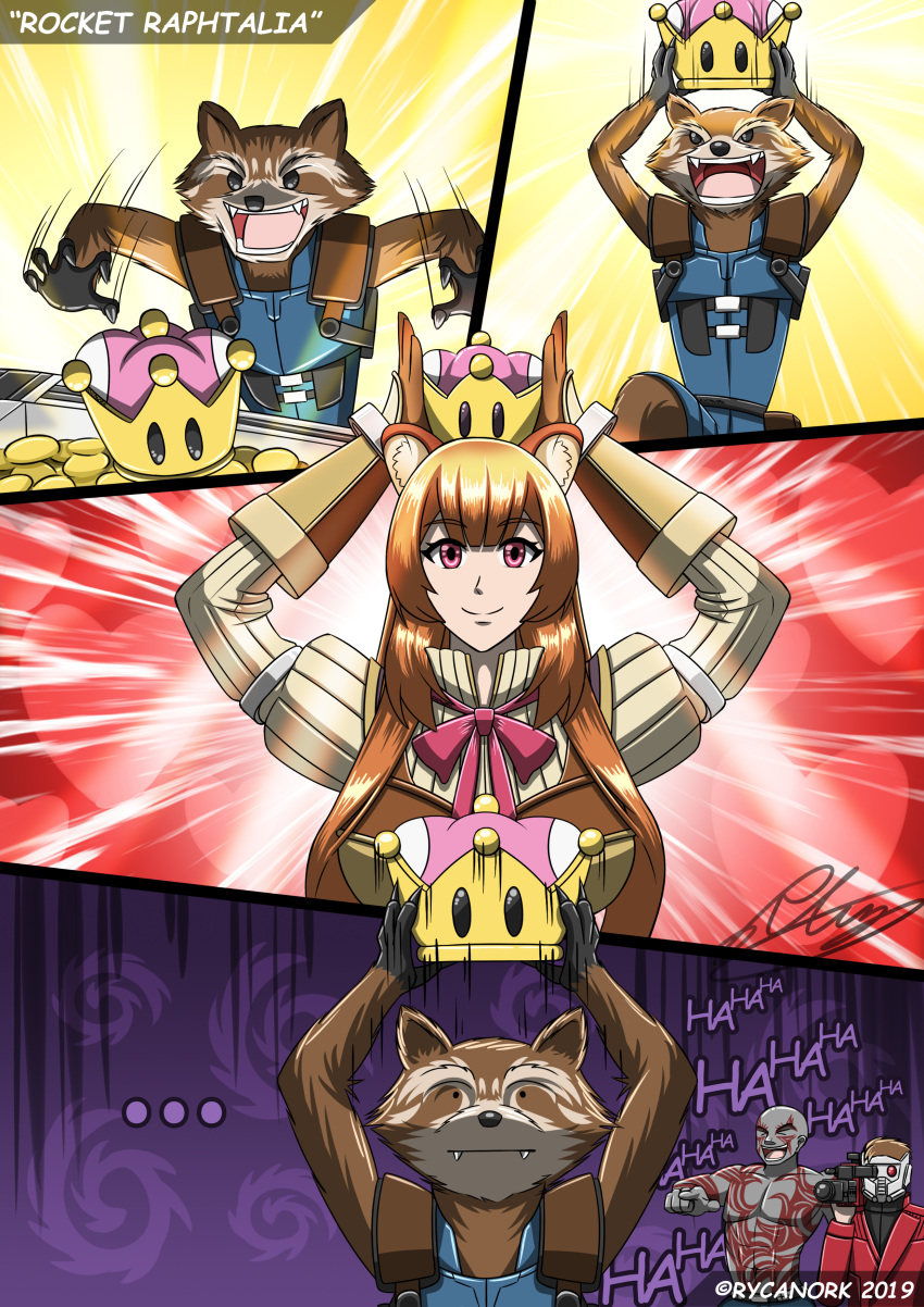 absurdres, animal_ear_fluff, animal_ears, bangs, breasts, brown_hair, comic, crown