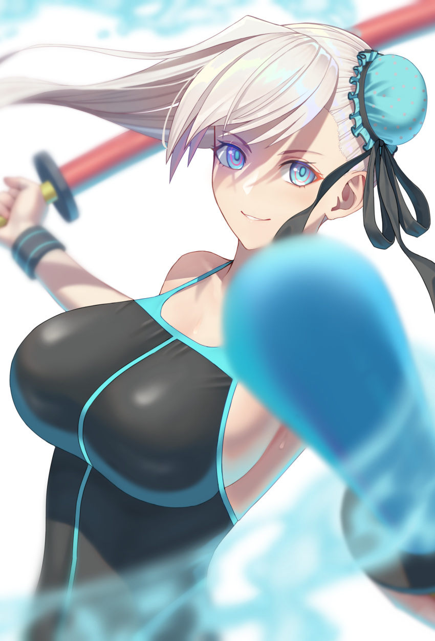 1girl, asymmetrical_hair, bangs, bare_shoulders, black_ribbon, black_swimsuit, black_wristband, blue_eyes