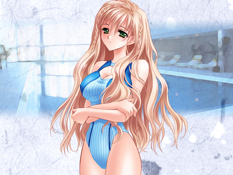 braid, breast_hold, breasts, carnelian, cleavage, competition_swimsuit, crossed_arms, futaba_riko, green_eyes, highleg, highleg_swimsuit, long_hair, one-piece, one-piece_swimsuit, pool, swimsuit, touka_gettan