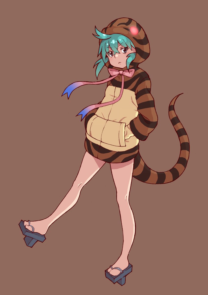 1girl, :<, animal_hood, aqua_hair, bangs, brown_background, closed_mouth, crossed_bangs