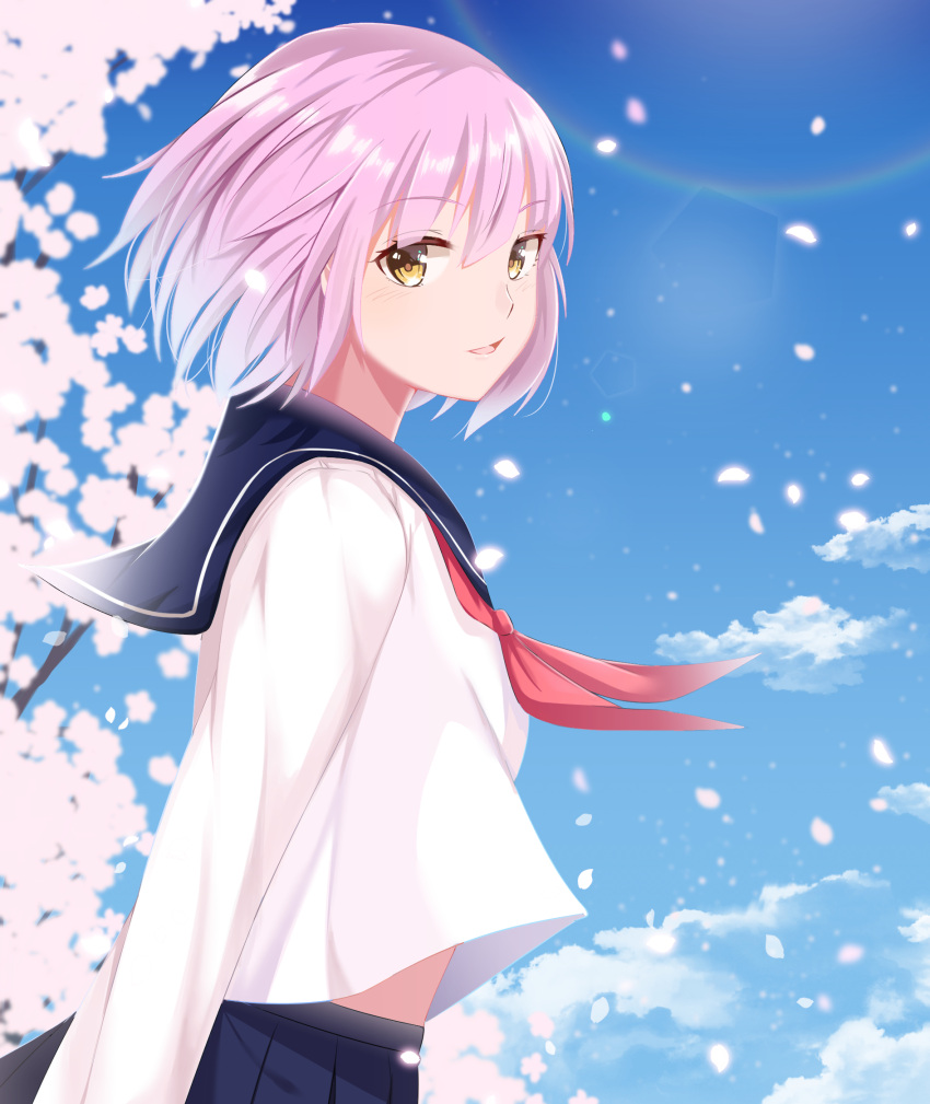 cherry_blossoms, dress, epic7, highres, mercedes_(epic_seven), pink_hair, ribbon, school_uniform, sky, smile, twomoon