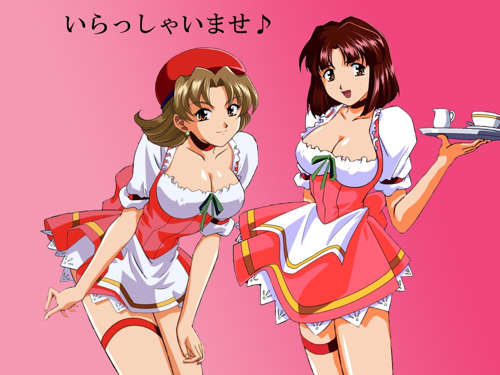 apron, breasts, choker, cleavage, garters, hat, jpeg_artifacts, large_breasts, multiple_girls, sakakibara_yuri, sakura_taisen, short_hair, takamura_tsubaki, tray, waitress, wallpaper
