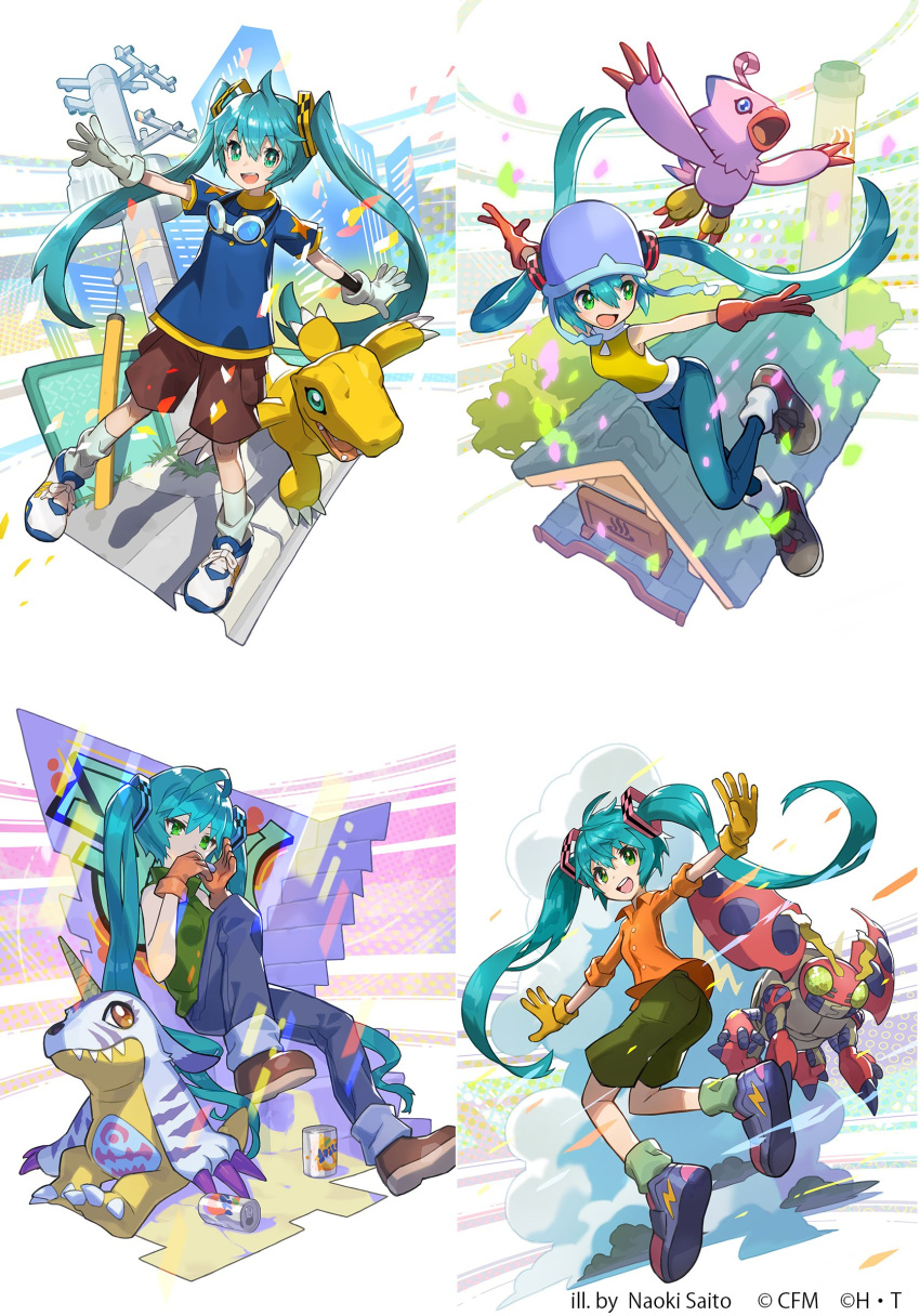 1girl, agumon, bare_shoulders, brown_gloves, brown_shorts, can, chimney, collared_shirt