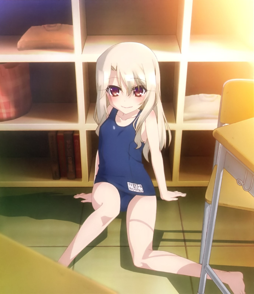 1girl, blue_swimsuit, blush, classroom, fate/kaleid_liner_prisma_illya, fate_(series), highres, illyasviel_von_einzbern, long_hair, looking_at_viewer, name_tag, official_art, one-piece_swimsuit, red_eyes, school_swimsuit, siting, smile, solo, swimsuit, white_hair