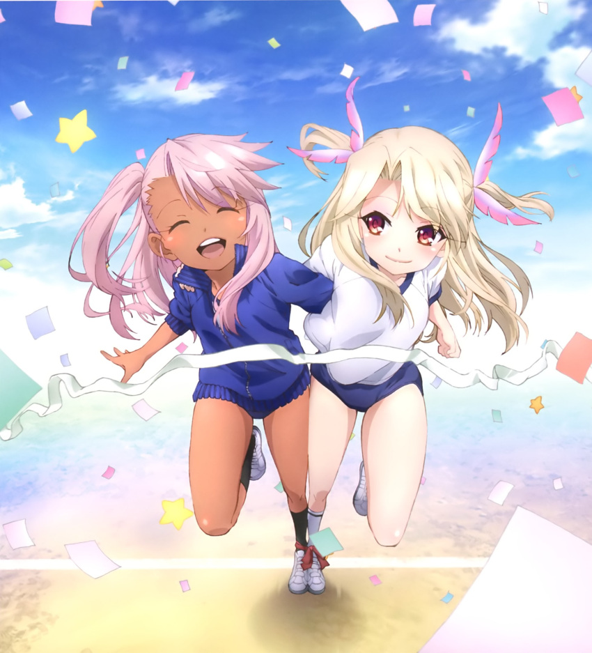 2girls, blush, breasts, buruma, chloe_von_einzbern, closed_eyes, dark_skin, fate/kaleid_liner_prisma_illya, fate_(series), gym_uniform, highres, illyasviel_von_einzbern, long_hair, looking_at_viewer, multiple_girls, official_art, open_mouth, pink_hair, red_eyes, running, shirt, shoes, smile, three-legged_race, white_hair