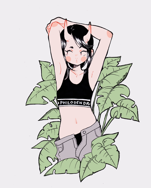 1girl, arm_behind_head, armpits, black_hair, blush_stickers, cowboy_shot, grey_pants, horns