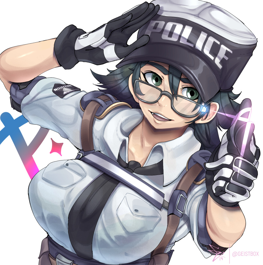1girl, :d, astral_chain, bangs, black-framed_eyewear, black_hair, black_neckwear, breast_pocket, breasts, collared_shirt, geistbox, glasses, gloves, green_eyes, hair_between_eyes, hat, highres, large_breasts, marie_wentz, necktie, open_mouth, pocket, police, police_uniform, policewoman, shirt, short_hair, simple_background, smile, solo, teeth, thick_eyebrows, twitter_username, uniform, white_background, white_shirt