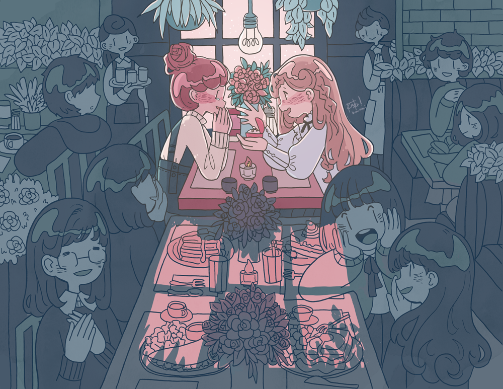 2boys, 6+girls, bangs, blush, cake, candle, couple, flower