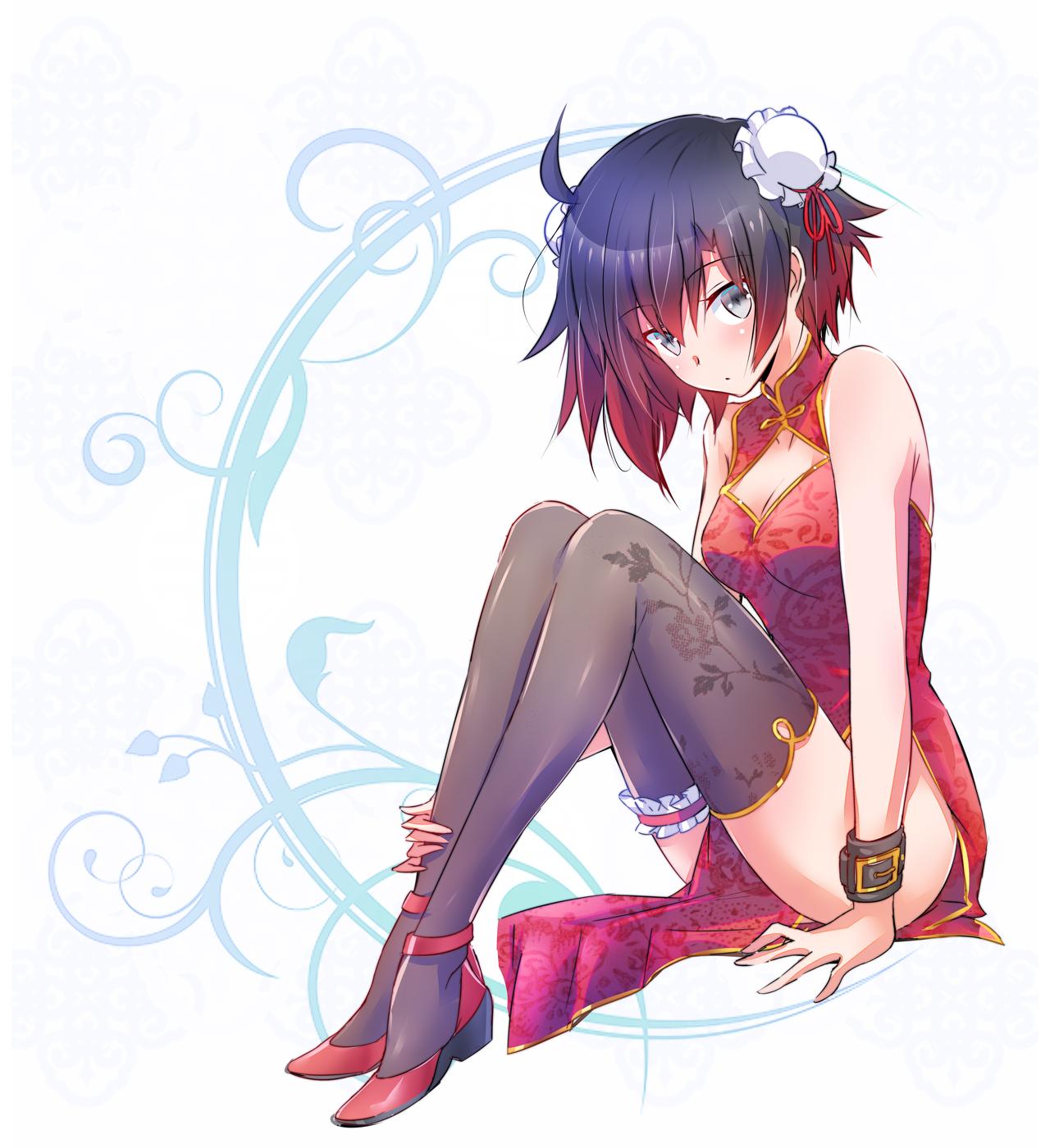 1girl, black_hair, bun_cover, china_dress, chinese_clothes, cleavage_cutout, double_bun, dress