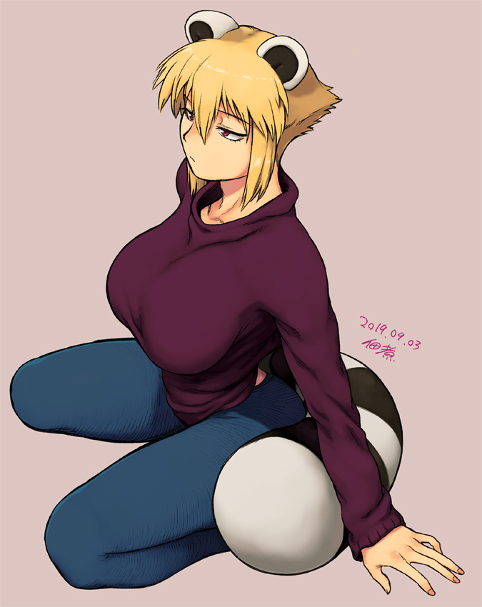 1girl, animal_ears, araiguma-san, breasts, commentary_request, dated, denim, expressionless