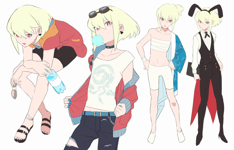 1boy, animal_ears, anklet, bottle, bubble_blowing, casual, chewing_gum, choker