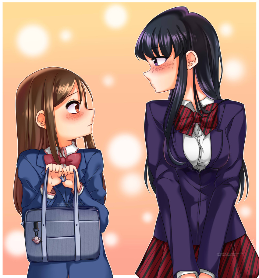 2girls, absurdres, bag, black_hair, blush, breasts, brown_hair, candy_rimo